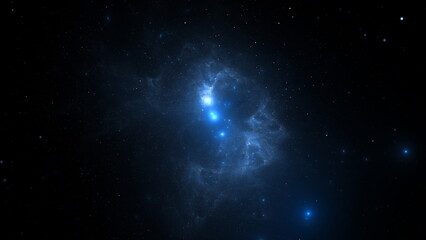 Poster - Amazing galaxy cluster of massive stars in space. Boundless universe, gas nebula in outer space. 3d render