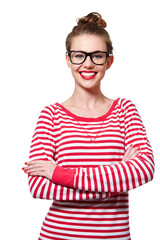 Wall Mural - Fashion, glasses and arms crossed with portrait of woman on png for nerd, education or youth. Happy, smart and style with face of student isolated on transparent background for confidence and hipster