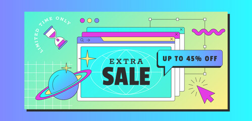 Fototapete - Retro vaporwave sale horizontal banner. Social media story design template with in 90s style. Computer windows with special offer. Vintage discount frame with abstract geometric linear.