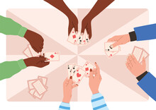 Hands Of People Playing Cards, Top View On The Table. Vector Flat Illustration, Gambling Card Game.
