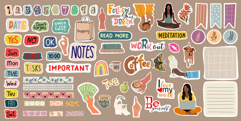Set of weekly, daily planner stickers. Cute cartoon image, trendy lettering, washi tape for diaries. Signs, symbols, objects for scheduler or organizer. Colorful vector illustrations.