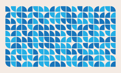 Mid century modern style seamless vector pattern with geometric shapes colored in blue and aqua blue. Retro geometrical bauhaus pattern style.