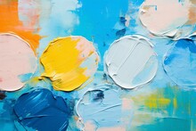 パレットナイフの油絵・カラフルな夏用抽象バナー）水色背景に水玉模様。AI生成画像