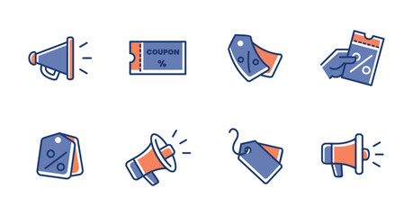 shopping promotion tags, discount tickets, megaphone promo sale icon set advertising label symbol illustration