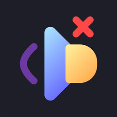 Sticker - Volume off flat gradient fill ui icon for dark theme. Mute audio in video. Remove sound. Music mode. Pixel perfect color pictogram. GUI, UX design on black space. Vector isolated RGB illustration