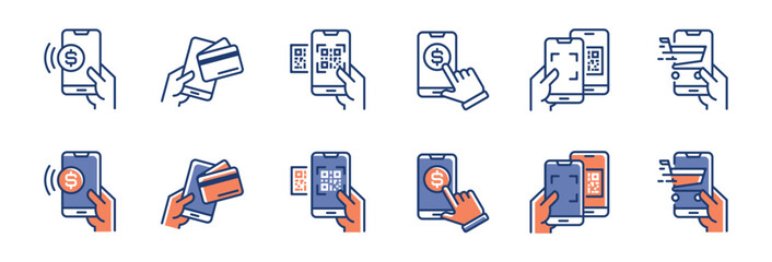 Poster - cashless mobile payment qr code icon set vector pos shopping smartphone secure money transfer symbol illustration
