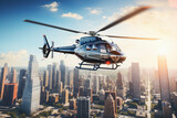 A private helicopter in front of the skyscrapers of the business district of the city.