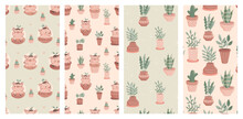 Cute Pigs In Pots: Set Of Seamless Patterns With Plants And Home Decor" - Immerse Yourself In The Adorable World Of Pigs In Pots With This Unique Set Of Seamless Patterns. Create A Cozy Atmosphere