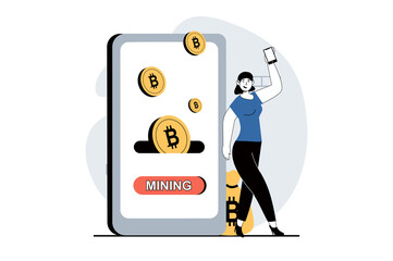 Poster - Cryptocurrency mining concept with people scene in flat design for web. Woman mining bitcoins and monitoring process at mobile app. Illustration for social media banner, marketing material.