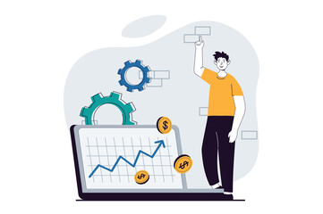 Poster - Business making concept with people scene in flat design for web. Man analyzes arrow graph of profit and successful financial growth. Illustration for social media banner, marketing material.