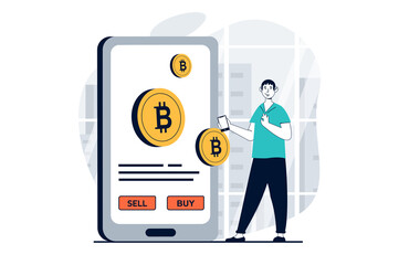 Fototapete - Cryptocurrency marketplace concept with people scene in flat design for web. Man buying or selling bitcoin using online mobile app. Illustration for social media banner, marketing material.