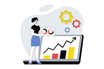 Poster - Data analysis concept with people scene in flat design for web. Woman working as financial consultant and making charts presentation. Illustration for social media banner, marketing material.