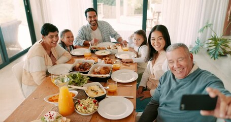 Canvas Print - Selfie, wave and a family at thanksgiving dinner together for a celebration while eating food for bonding. Children, parents and grandparents on a video call at the dining room table during brunch