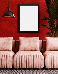 Wall Mural - Empty photo frame mockup hanging on vibrant red wall background, modern interior.