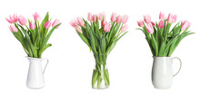 Collage Of Stylish Vases With Beautiful Tulip Bouquets On White Background