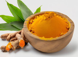 Finely dry Ginger powder in a wooden bowl with  rhizome (root) sliced and green leaves isolated on white background