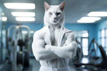 Wall Mural - fit white cat standing at the gym, Muscular white cat working out at the gym, generative AI