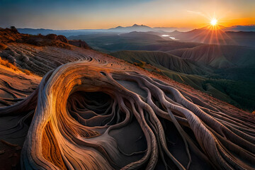 Root of the old tree with sunrise in the mountains