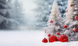 Ai generative. Beautiful  Christmas snowy background. Christmas tree decorated with red balls  in forest, copy space