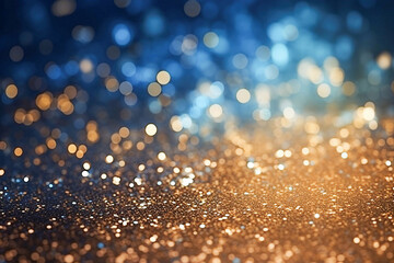 Ai generative. Background of abstract blue and gold glitter defocused lights