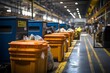 Recycling. Interior of a warehouse with yellow plastic boxes and garbage cans