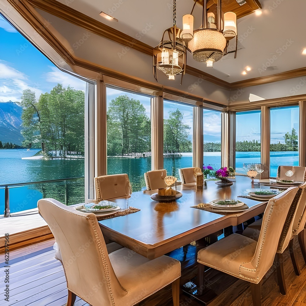 171 A luxurious lakeside mansion with expansive windows, a private ...