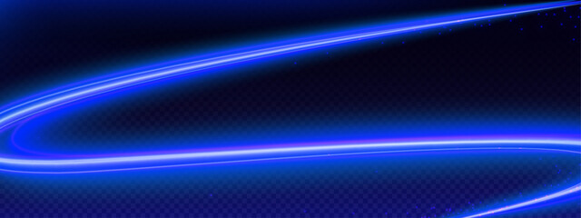Poster - Speed swirl line with neon light effect vector background. Blue abstract energy motion curve with sparkle shine and flare. 3d transparent flying ray vortex trace element design with luminous blur.