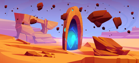 Wall Mural - fantasy game background with magic portal. alien world or planet landscape of desert with teleport g
