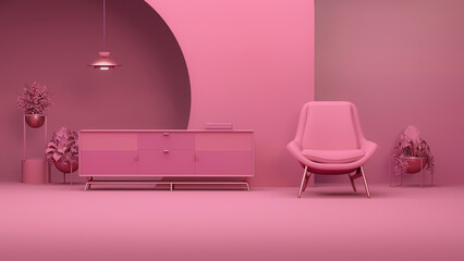 Wall Mural - viva magenta is a trend colour year in the living room. Interior of the room in plain monochrome dark pink color with furnitures and chair, plant pot. 3d render	