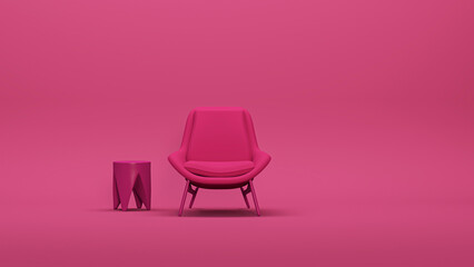 Wall Mural - viva magenta is a trend colour year in the living room. Interior of the room in plain monochrome dark pink color with furnitures and chair, plant pot. 3d render	