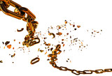 Fototapeta  - chain  golden in front of fire  breaking break chain horizontal silver broken shuttered pieces - 3d rendering
