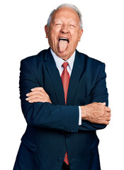 Poster - Senior business man with grey hair with arms crossed gesture sticking tongue out happy with funny expression.