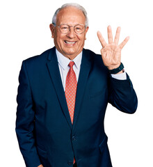 Canvas Print - Senior man with grey hair wearing business suit and glasses showing and pointing up with fingers number four while smiling confident and happy.