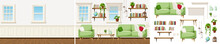 Living Room Interior Design With A Sofa, An Armchair, A Table, And Bookshelves. Empty Room And Furniture Set. Interior Constructor. Cartoon Vector Illustration