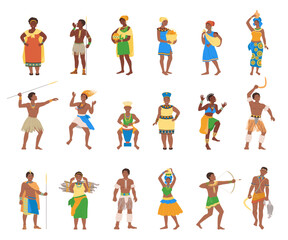 Wall Mural - Barefoot African Aboriginal People Character Dressed in Traditional Tribal Clothing Vector Illustration Set