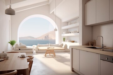 A 3D render showcases a luxurious modern villa's living room in Greece with grand windows and lavish furnishings.