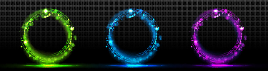 Poster - Circle bokeh light effect with sparkle glow frame. Round glitter flare and neon bright swirl line. Isolated energy lens element. Blue, green and purple wave trail shiny overlay digital template