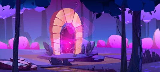 Wall Mural - magic portal in fantasy game forest cartoon background. enchanted door in dark woods landscape. myst