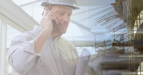Poster - Animation of caucasian male architect with phone and plans over cityscape