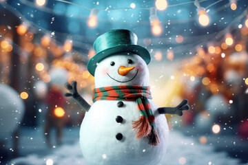 Wall Mural - Snow man on night festival abstract background. Christmas theme. Generative ai.