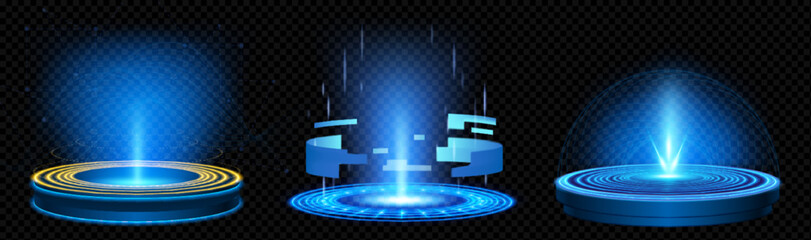 Leinwandbilder - Blue hologram tech game portal with light effect set. Digital technology hud teleport screen with cyber neon platform element. Scifi vector stage for ui interface or product display round design