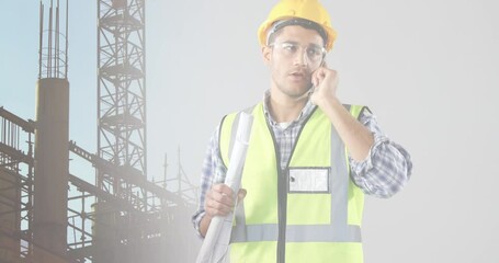 Poster - Animation of caucasian male architect with phone and plans over construction site