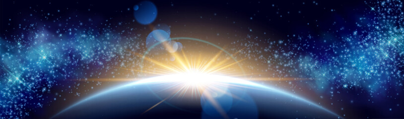 Earth planet eclipse horizon space light background. Sunrise flare ring effect in abstract universe sky design. Outer magic galaxy orion constellation and crescent glow realistic starry wallpaper.