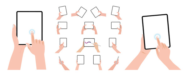 Poster - A hand is holding a tablet computer both horizontally and vertically, with a blank screen displayed. The tablet pc is being operated using a finger to touch the blank white screen display, Vector.