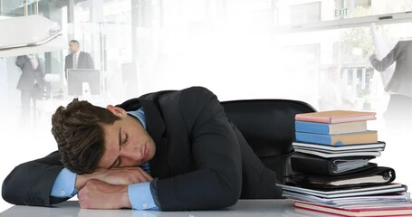 Aufkleber - Animation of caucasian businessman sleeping on desk over people walking and cityscape