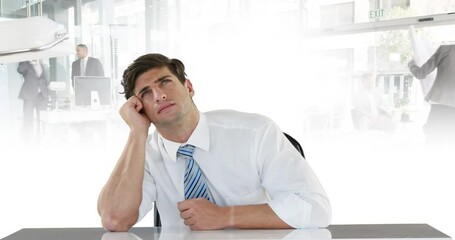 Poster - Animation of caucasian businessman in office over people walking and cityscape