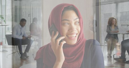 Poster - Animation of biracial businesswoman on phone over people walking and cityscape