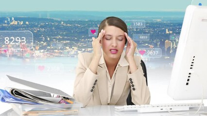Poster - Animation of tired caucasian businessman in office over social media data and cityscape