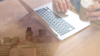 Poster - Animation of caucasian businessman with laptop over cityscape