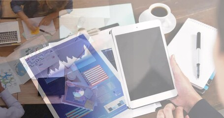 Poster - Animation of caucasian businessman using tablet over busy office